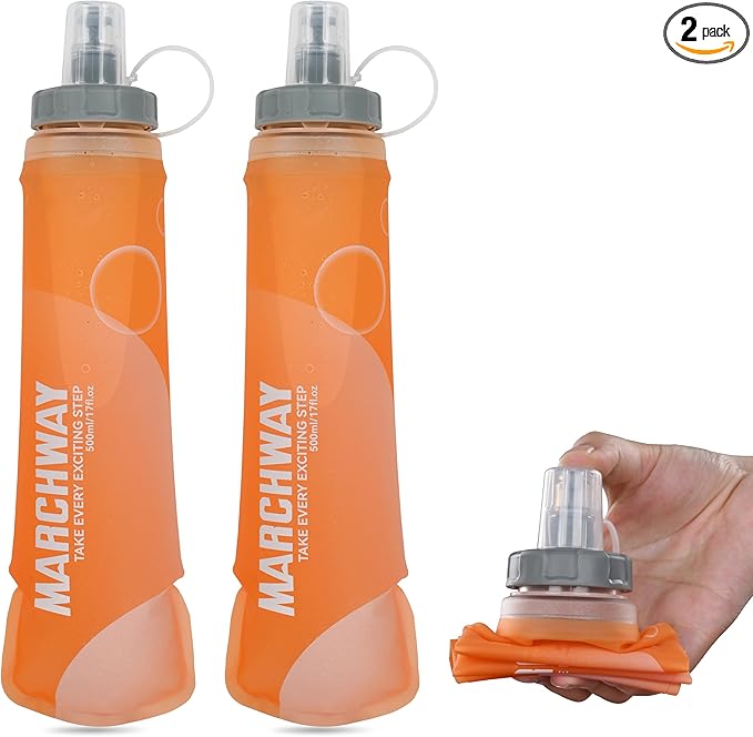 MARCHWAY Soft Hydration Flask with Wide Mouth, 300ml/500ml Collapsible TPU Water Bottle, Leakproof Portable Flexible for Running, Hiking, Cycling, Climbing, Gym, Travel (2pcs Orange 300ml)