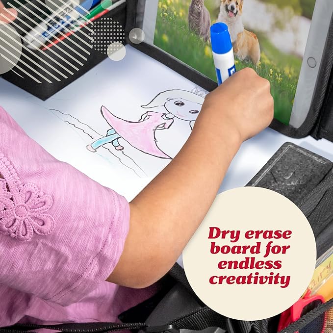 Lusso Gear Kids Travel Tray for Car Seat - Dinos, Oxford Cloth & Plastic - Dry-Erase Tablet Holder with Cup Holder & Storage - Road Trip Essentials & Plane Activity Tray