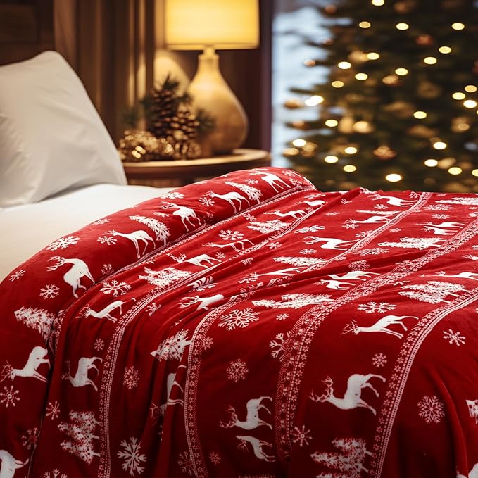 PHF Printed Fleece Blanket Queen Size, No Shed No Pilling Ultra Soft Plush Cozy Xmas Prints Theme Home Décor Flannel Blanket for Bed, Sofa, Couch and Gift, 90 "x 90", Reindeer and Trees, Red