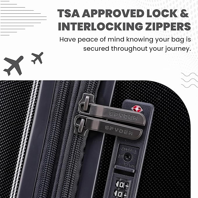 Spyder Rails 20 Inch Expandable Hardside Upright Suitcase with 360° Spinner Wheels, TSA Approved Lock, Black