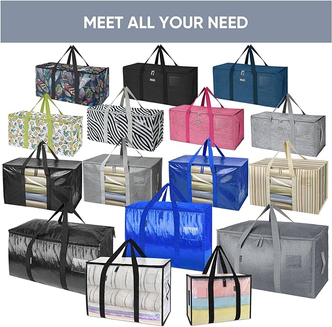 BALEINE 8-Pack Oversized Moving Bags with Reinforced Handles, Heavy-Duty Storage Tote for Clothes, Moving Supplies (Color Stripe with Window, 8-Pack)