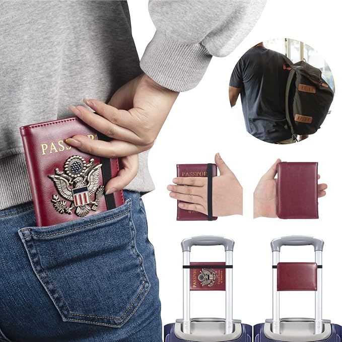 Passport Holder for Travel Passport Cover for Men Passport Wallet Case With 3D Metal Badge Protector Leather Card Case RFID Blocking Women Travel Accessories Document Organizer (Wine Red)