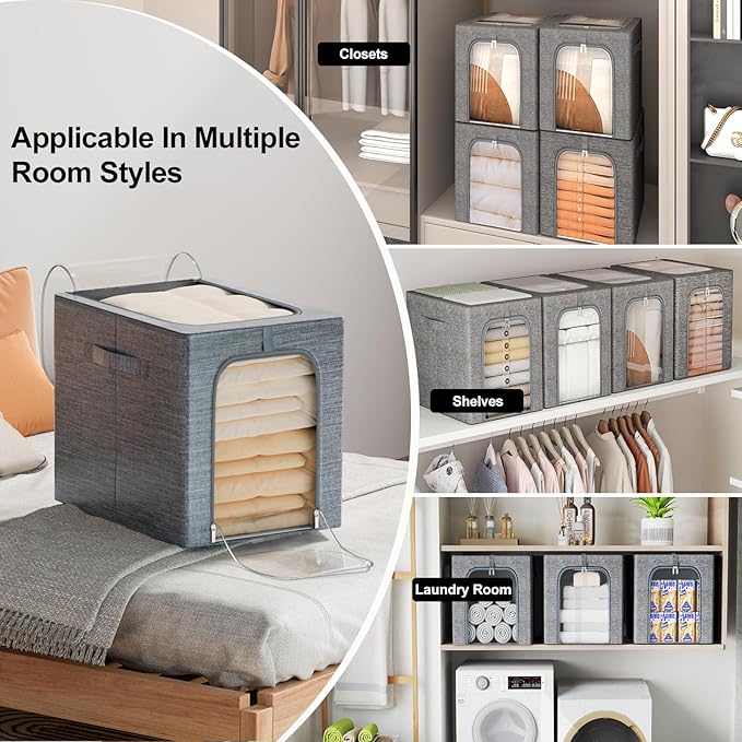 GoMaihe Clothes Storage Bins Metal Frame: 55L Extra Large Stackable Closet Storage Bin with Lid & Clear Window, Heavy Duty Blanket Box for Winter Coats Comforters (Fits Deep Closet 6-Pack)