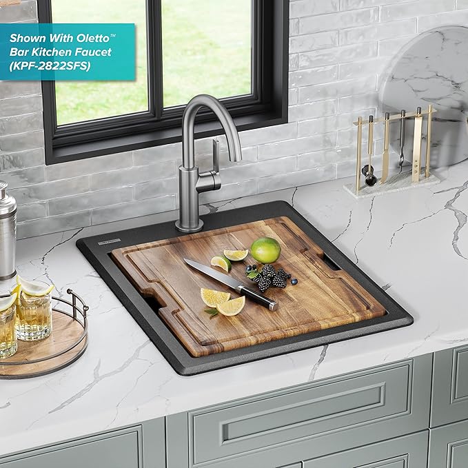 KRAUS Bellucci 18-inch Granite Workstation Drop In Top Mount Single Bowl Kitchen Sink in Metallic Black with Accessories, KGTW12-18MBL