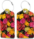 Colorful Roses Luggage Tags 2PCS PU Leather Suitcases Tag with Stainless Steel Loop and Privacy Name Address Cover Label Card for Women Men Travel