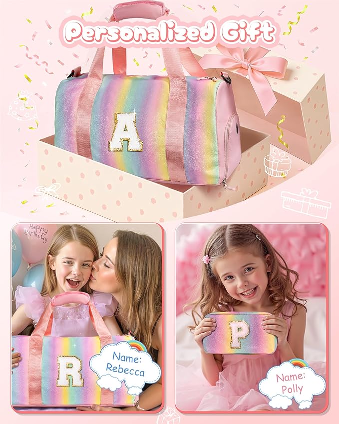 Preppy Gifts-Girl Gym Bag with Shoe Compartment, Kid Personalized Weekender Overnight Bags, Initial Travel Tote with Makeup Pouch, Gift for 3 4 5 6 7 8 9 10 11 12 Year Old Girls (Letter S)