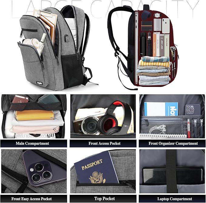 Backpack for Women Men, School Backpack for Boys Girls Teens, 17.3 Inch Laptop Backpack with USB Port, College Middle High School Bookbag, Water Resistent Business Mochila para hombre, Grey