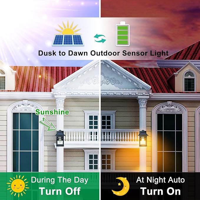 2 Pack Solar Wall Lantern Lights Outdoor Dusk to Dawn Motion Sensor Waterproof LED Wall Sconce Exterior Porch Light Fixtures Warm White, 3 Lighting Modes for Fence Patio Garage Garden Yard