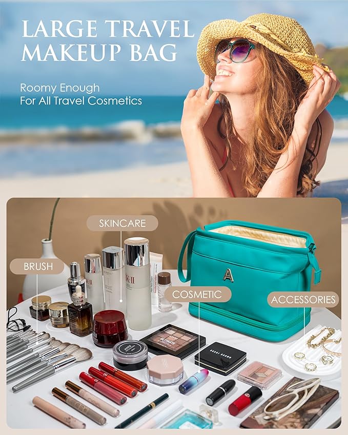College Girl Gift Ideas, Birthday Gift for Her, Makeup Bag, Waterproof Double Layer Cosmetic Bag, Large Capacity PU Leather Makeup Bags Letter Travel Toiletry Bag, Initial Gifts for Coworkers