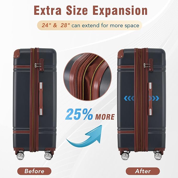 Merax Suitcase Set 28 inches Expandable Luggage with TSA Lock Spinner Wheels Hardshell Lightweight Vintage Luggage with Travel Bag,Black