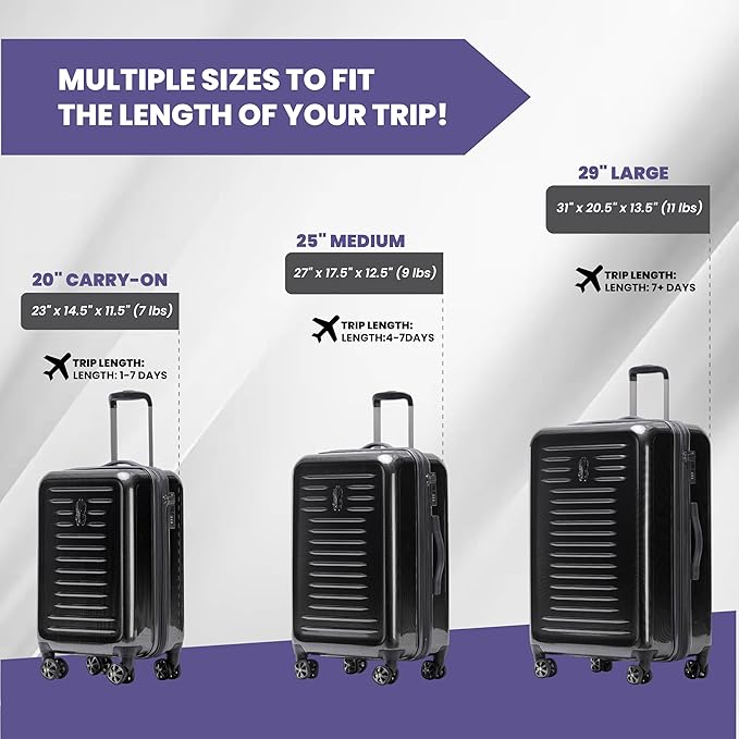 Spyder Rails 3 Piece Luggage Set with 360° Spinner Wheels, TSA Approved Lock, (20 Inch Carry On, 25 Inch Medium, 29 Inch Large), Black