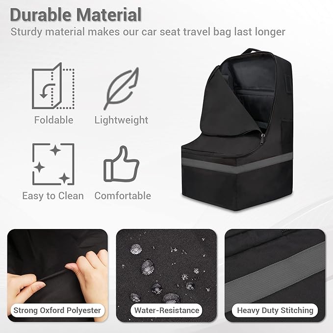 Car Seat Travel Bag - Padded, Comfortable, Durable, Roomy Gate Check Carseat Cover Backpack Fits 3-in-1，Convertible, Booster & Infant Car Seats for Airplane, Airport, Gray