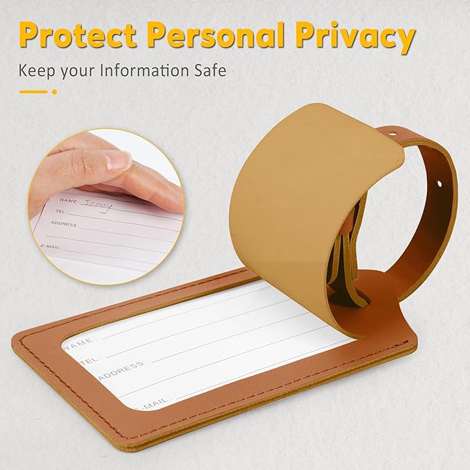 Travelambo Luggage Tags for Suitcases Faux Leather Privacy Protection 20 Pack Bag Tags Travel Accessories Essential, Yellowish Brown