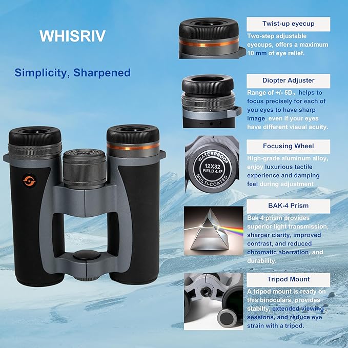 12x32 Compact Binoculars for Adults High Powered, FMC, Bak-4 Prism, Easy Focuse, Low Light Vision, Waterproof, Shockproof, Fogproof, for Sports, Bird Watching, Concerts, Travel, Cruise