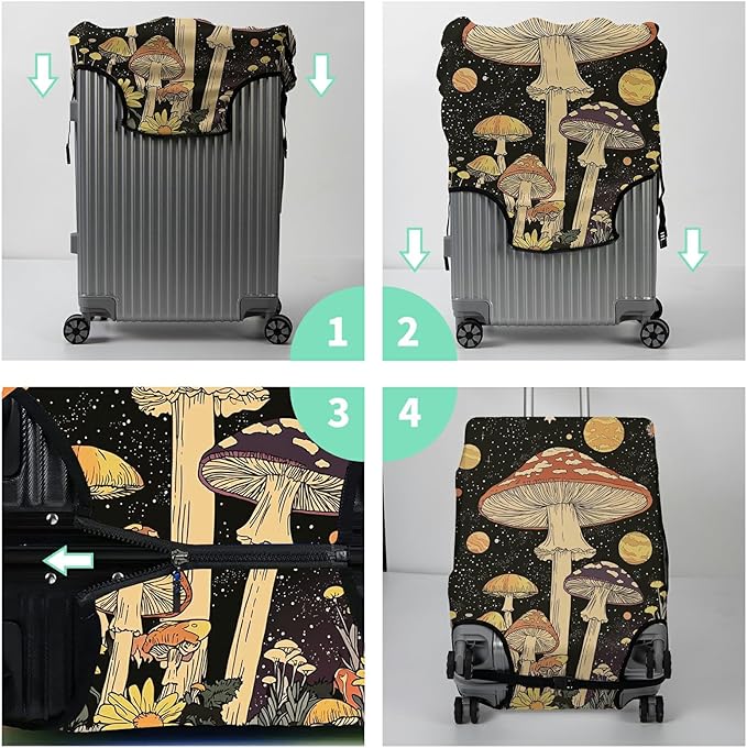 Luggage Cover + Tag, Mushrooms Travel Suitcase Protector for 22-24 inch Luggage (M) with Concealed Zipper, Washable Elastic Cloth, Dustproof, Anti-Scratch