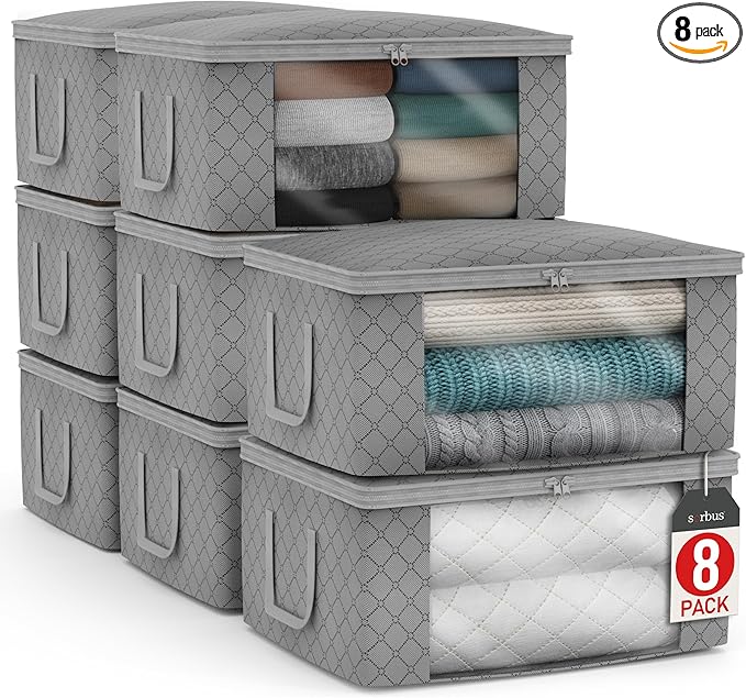 Sorbus Medium Clothes Storage Bags - Foldable Blanket Storage Bins for Organizing Bedroom, Closet, Clothing, Comforter, Organization with Clear Window, Lids and Carry Handles - Set of 8