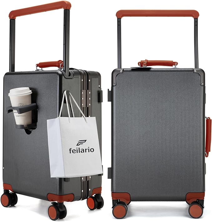 feilario 20'' Aluminum Frame Wide Handle PC Hardside Carry On Luggage - Double Spinner Wheels Luxury Rolling Travel Suitcase with TSA Lock & Cup Holder
