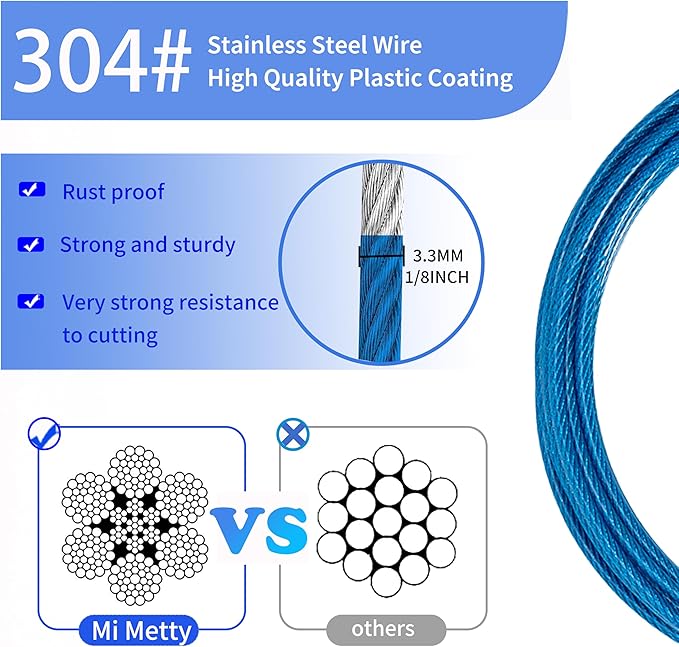 3.3mm (1/8 Inch) Outdoor Travel Stainless Steel Security Cable-3ft Luggage Lock Safety Wire Flexible Steel Wire Rope with Double Loop Safety for Luggage, Bike, Lock(Black+Blue, 3ft-(2Pack)