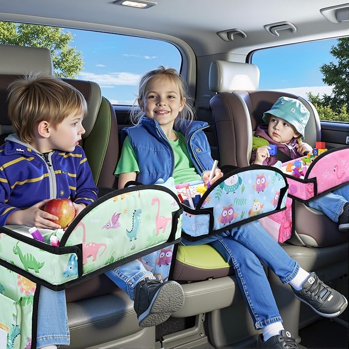 Kids Travel Tray, 3PCS Car Seat Tray for kids Travel, Toddler Road Trip Essentials With Drawing Kit, Toddler Lap Desk Organizer for Car, Carseat Table for Airplane
