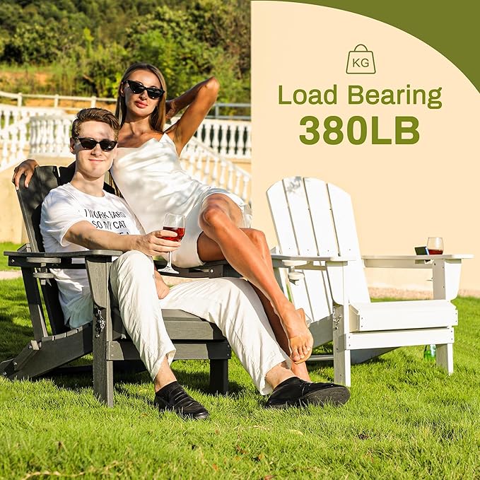 SERWALL Adirondack Chair with Cup Holders - Composite Adirondack Chairs Set of 4 HDPE Outdoor Chairs All Weather Use- White