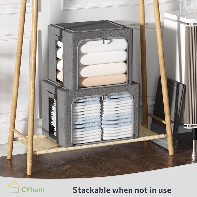 4 Pack Clothes Storage Bins with Metal Frame - Linen Fabric Foldable Stackable Container Organizer Set with Clear Window & Carry Handles & Zippers (Dark Gray, 23.6"x16.5"x15.7")
