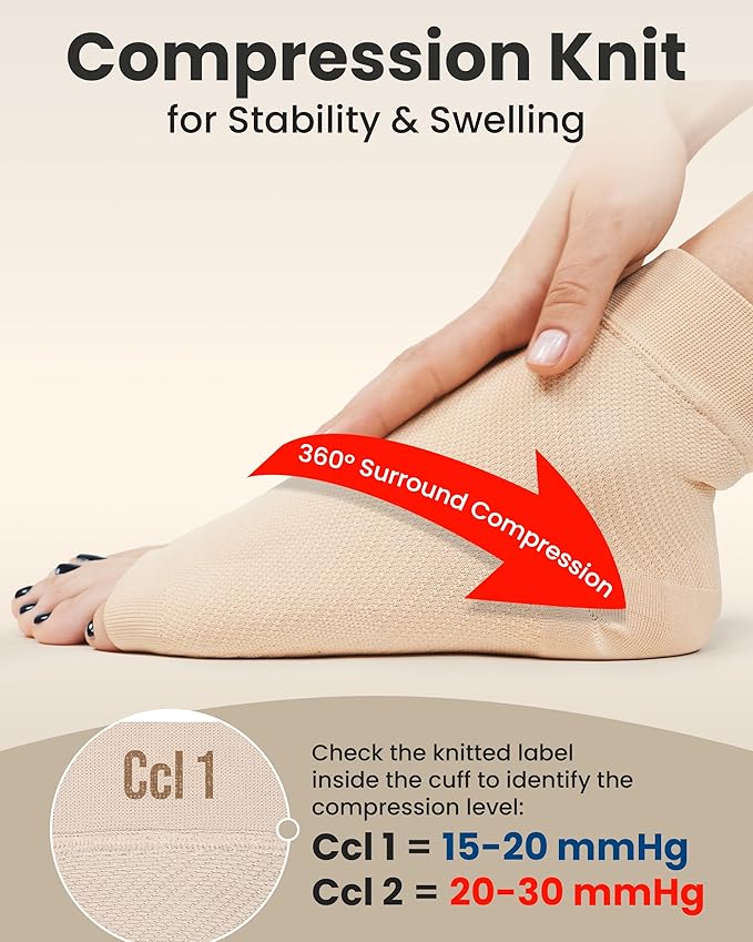 KEMFORD Ankle Compression Sleeve - Plantar Fasciitis Braces - Open Toe Compression Socks for Swelling, Sprain, Neuropathy, Foot Arch Support for Men and Women - 20-30mmhg, L, Beige