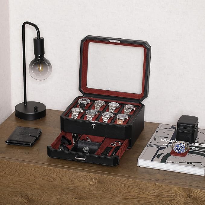ROTHWELL 8 Slot Leather Watch Box with Valet Drawer - Luxury Case Display Jewelry Organizer, Locking Display Case Holder, Real Glass Top - Watch Box Organizer for Men & Women (Black/Red)