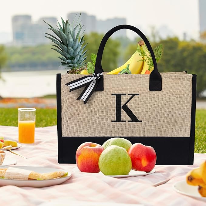 TOPDesign Initial Jute/Canvas Tote Bag, Personalized Present Bag, Suitable for Wedding, Birthday, Beach, Holiday, is a Great Gift for Women, Mom, Teachers, Friends, Bridesmaids (Letter K)
