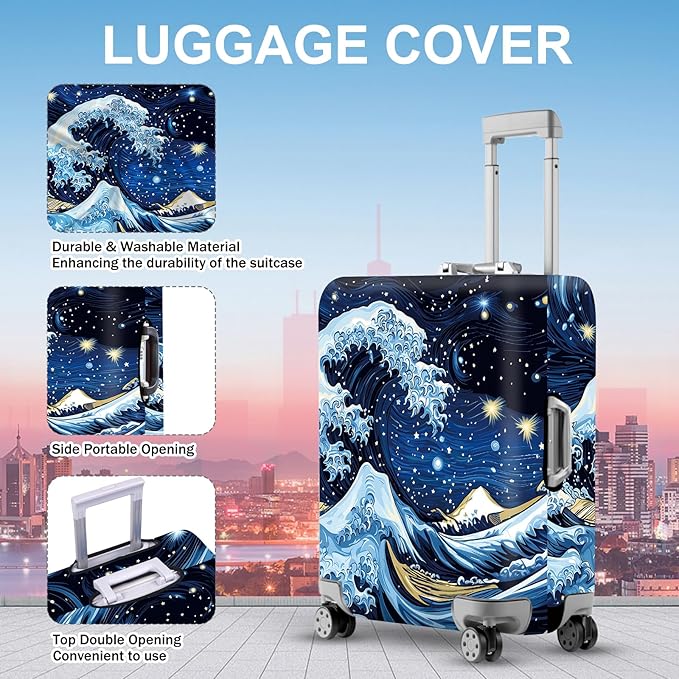 ANNA QUEEN Starry Ocean Wave Luggage Cover, Suitcase Protector with Artistic Van Gogh Style, Stretchable, Washable Travel Cover for 32-34 Inch Luggage