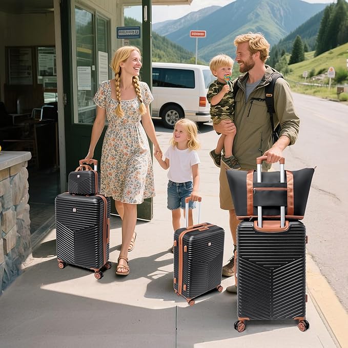 Hoteel 4 Piece Luggage Set (4-YEAR WARRANTY) Carry on ABS+PC Hard Shell Suitcase with Spinner Wheels & TSA Lock (Black)
