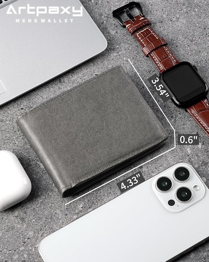 Mens Wallet Bifold Genuine Leather RFID Blocking Wallet for Men with 1 ID Windows 13 Card Holders 2 cash pockets 1 Gift Box
