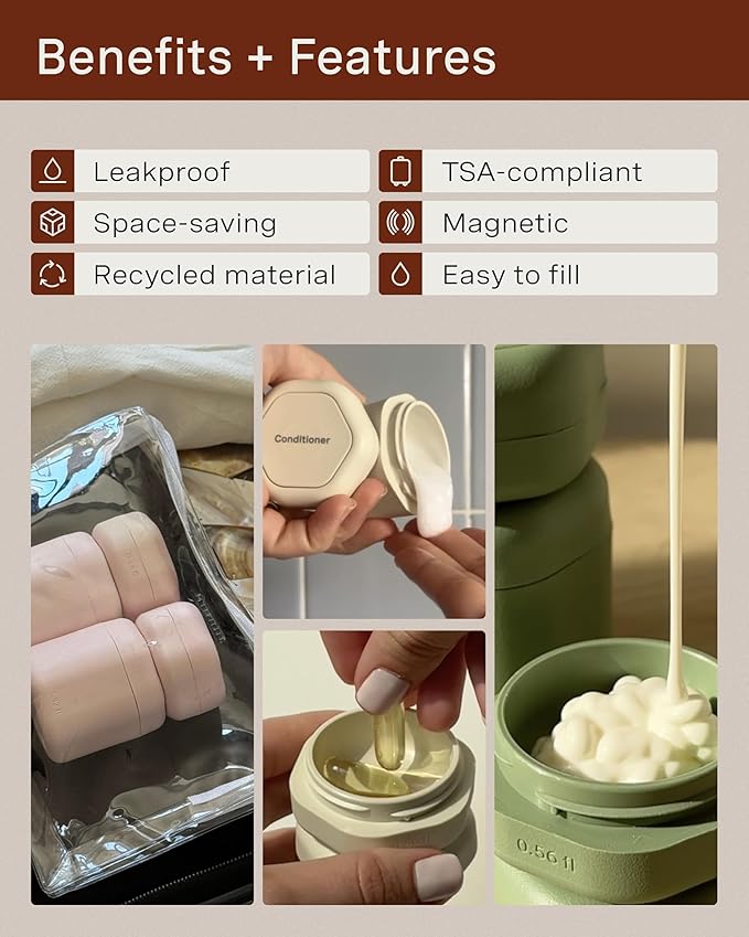 Cadence Travel Containers - Daily Routine Capsule Set - Magnetic Containers with Lids,4 Flex Mediums (1.32oz) & 3 Flex Smalls (0.56oz) - Shampoo, Conditioner, Body Wash, Pills, & More - Eucalyptus