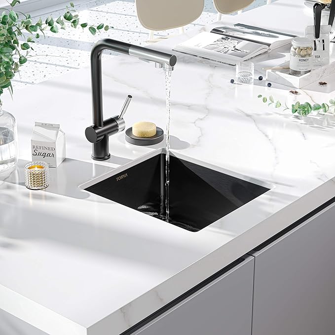 TORVA 17-Inch Gloss Black Ceramic Coating with NanoTek Undermount Kitchen Sink, PVD Coated Gunmetal Sink,16 Gauge Stainless Steel Single Bowl - 17 x 19 x 9 Inch Deep Bar/Prep Basin, Dark Gray