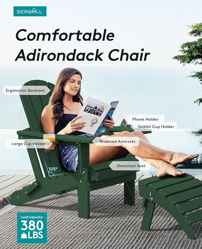 SERWALL Adirondack Chair with Cup Holders - Composite Adirondack Chairs Set of 6 HDPE Outdoor Chairs All Weather Use- Green