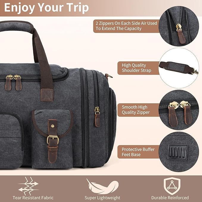 Mens Duffle Bag for Travel 3Pcs Set Travel Bags for Men 60L Expandable Canvas Bag (Dark Gray)