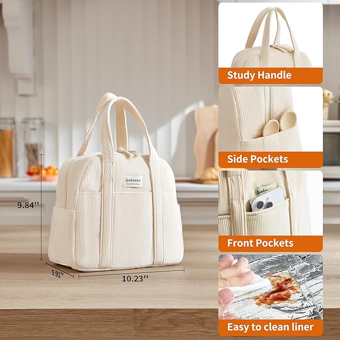 Insulated Lunch Bag for Women, 6-Hour Cold Retention Cooler Tote with Sturdy Handle, 15-Can Spacious Capacity, Leakproof Corduroy Fabric & Aluminum Foil Lining, (Beige)