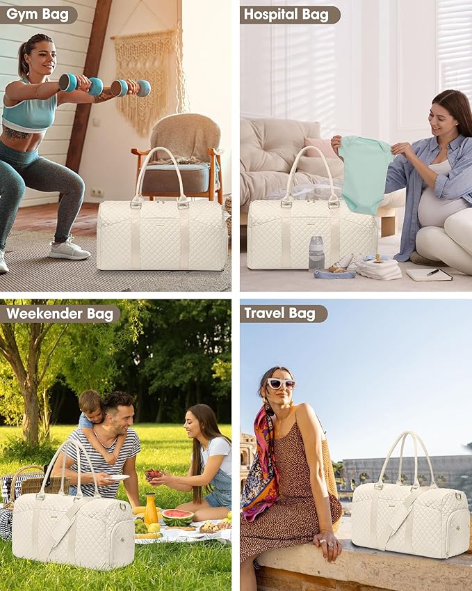 Weekender Travel Duffle Bag for Women - Carry on Bag with Shoe Compartment Overnight Bags with Toiletry Bag Wet Pocket Weekend Traveling Yoga Gym Hospital Bags for Labor and Delivery Beige