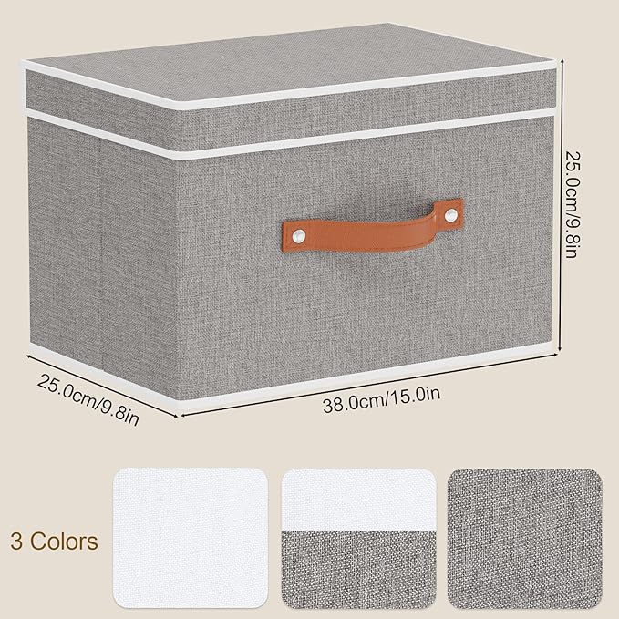 Collapsible Storage Bins with Lids, 3 Pack Linen Foldable Cloth Baskets, 15 x 9.8 x 9.8 Inch Closet Organizer Containers with Double Handles, Sweater Boxes for Bedroom, Grey