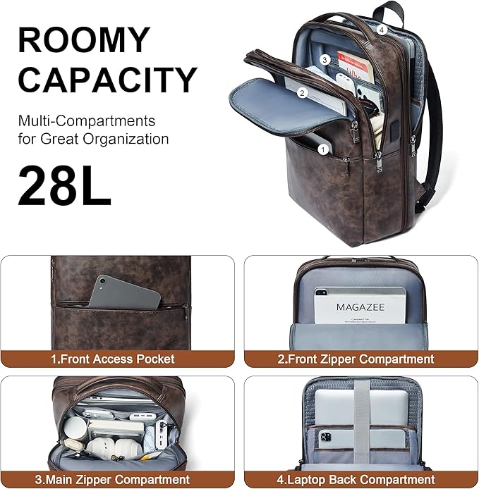 Vegan Leather Laptop Backpack for Women&Men,16 Inch Expandable Backpack with USB Charging Port,Two-toned Coffee