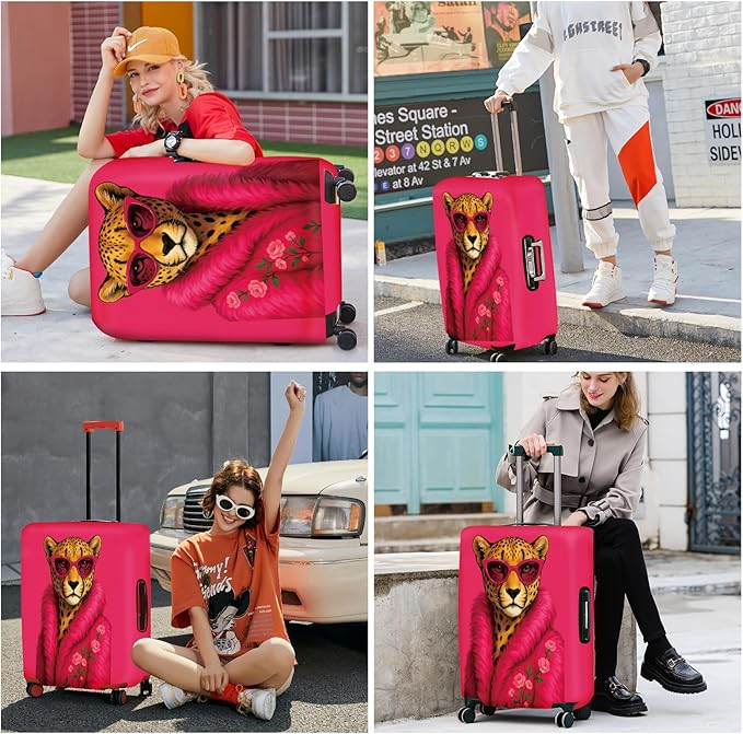 ANNA QUEEN Fashionable Leopard Luggage Cover, Leopard in Pink Coat and Sunglasses, Stretchable, Washable Travel Sleeve for 32-34 Inch Luggage