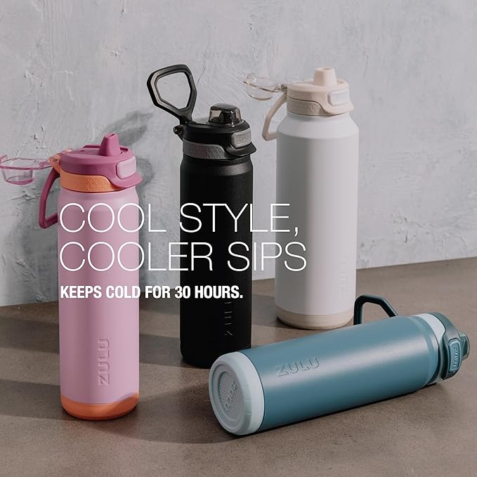 ZULU Powerfill Pro 40oz Stainless Steel Water Bottle with Quick Fill Lid, Triple Walled Vacuum Insulated Metal, Leak Proof Locking Lid, Sip and Chug, Reusable BPA Free, Ash