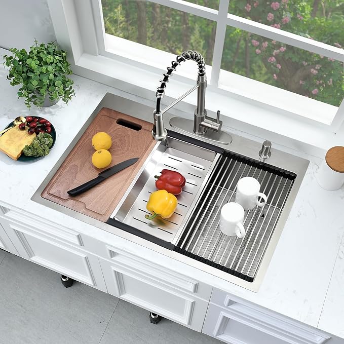 30 Inch Drop In Kitchen Sink Workstation-Bokaiya 30x22 Stainless Steel Drop In Sink 16 Gauge Deep Single Bowl Kitchen Sink with Cutting Board