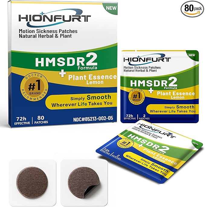 HMSDR2 80ct Motion Sickness Patches with Plant Essence – Lemon – Sea Sickness Patches for Cruise, Car, Airplane – Non-Drowsy, 72H Lasting