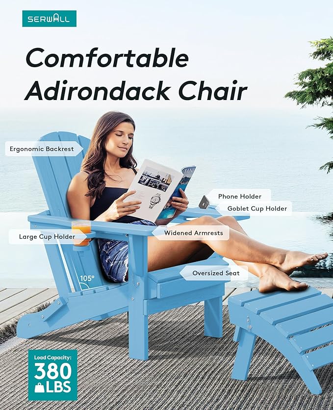 SERWALL Adirondack Chair with Cup Holders - Composite Adirondack Chairs Set of 6 HDPE Outdoor Chairs All Weather Use- Light Blue