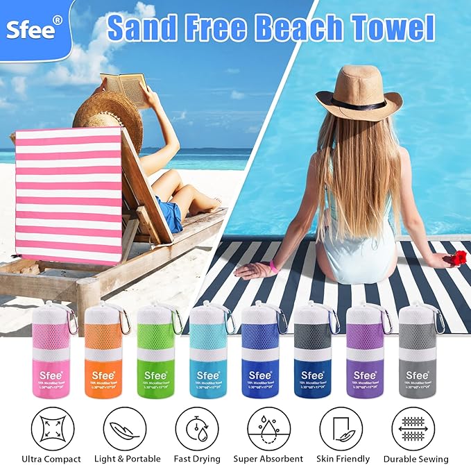 Sfee 2 in 1 Microfiber Oversized Beach Towel, Quick Dry Travel Towel Camping Towel Super Absorbent Compact Lightweight Sports Gym Towel for Beach,Gym, Hiking, Pool, Backpacking, Bath, Yoga