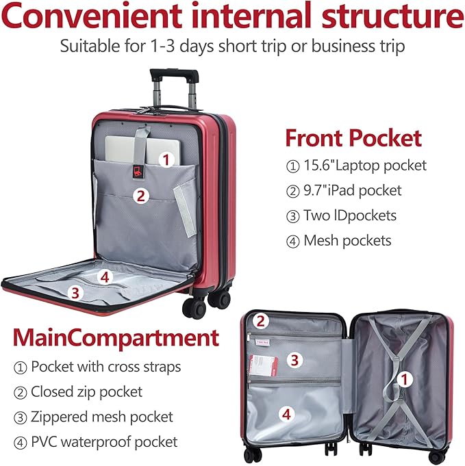 TydeCkare 20 Inch Carry On Luggage with Front Pocket, 21.65 * 15.35 * 7.87" Suitable for Airplane Overhead Bin, 34L PC+ABS Hardshell, Wine Red