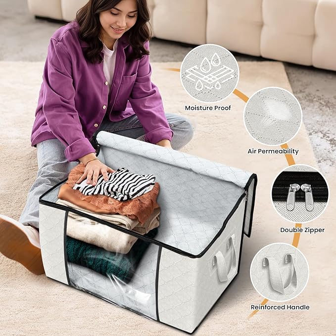 Fab totes 24 Gallons Clothes Storage, Foldable Thick Fabric Blanket Storage Bags, Containers for Organizing Bedroom, Closet, Clothing, Comforter, Organization with Handle (4 Pack,Ivory)