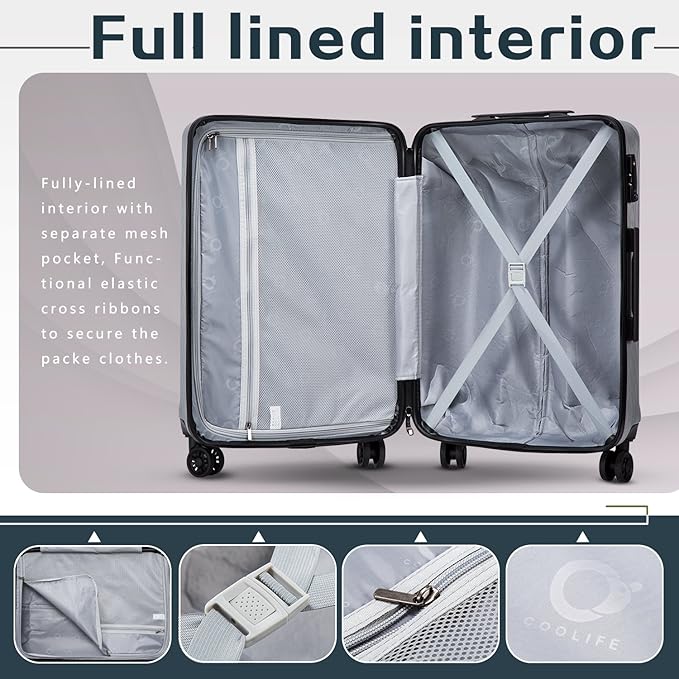 Coolife Luggage Suitcase PC+ABS with TSA Lock Spinner Carry on Hardshell Lightweight 20in 24in 28in (sliver, M(24IN))