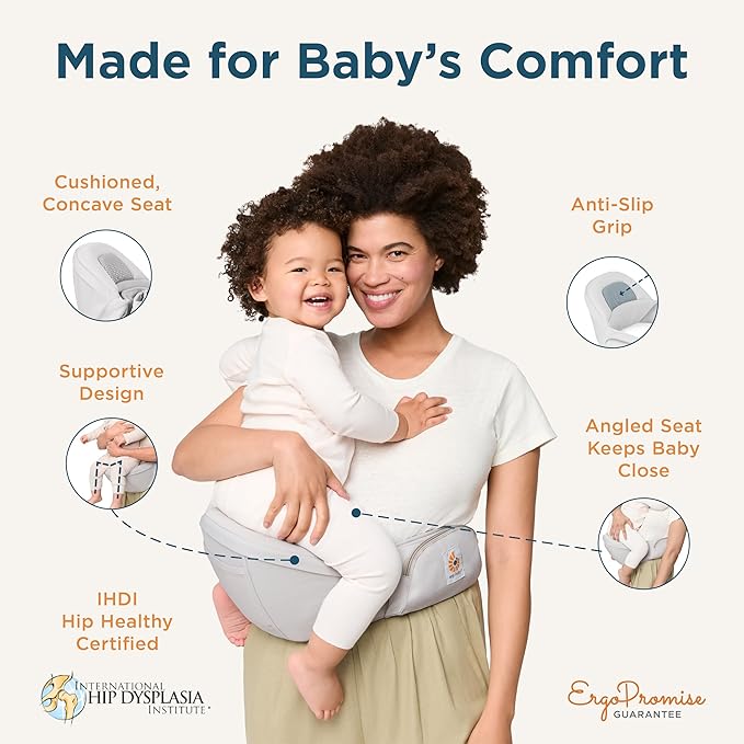 Ergobaby Lift Ergonomic Baby Hip Seat Carrier with Storage, Comfortable Wide Waistbelt and Lumbar Support (17lbs - 45lbs) - Anti-slip Toddler Carrier - Pearl Grey