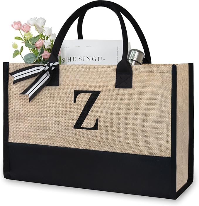 TOPDesign Initial Jute/Canvas Tote Bag, Personalized Present Bag, Suitable for Wedding, Birthday, Beach, Holiday, is a Great Gift for Women, Mom, Teachers, Friends, Bridesmaids (Letter Z)